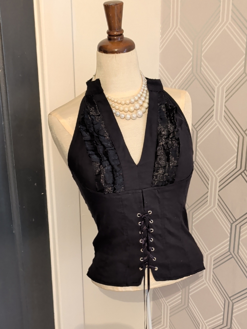 Black Halter Lace-Up Corset Camisole